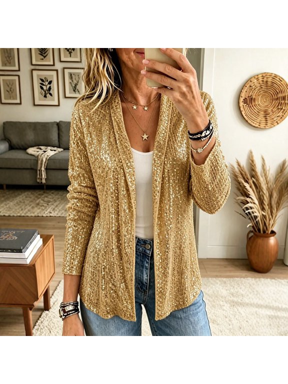Womens Sequin Cardigan Jacket, Sparkly Open Front Long Sleeve Glitter Blazer, Lightweight Party Layering Top for Evening Club Holiday Concert Wedding and Night Out Gold,2XL