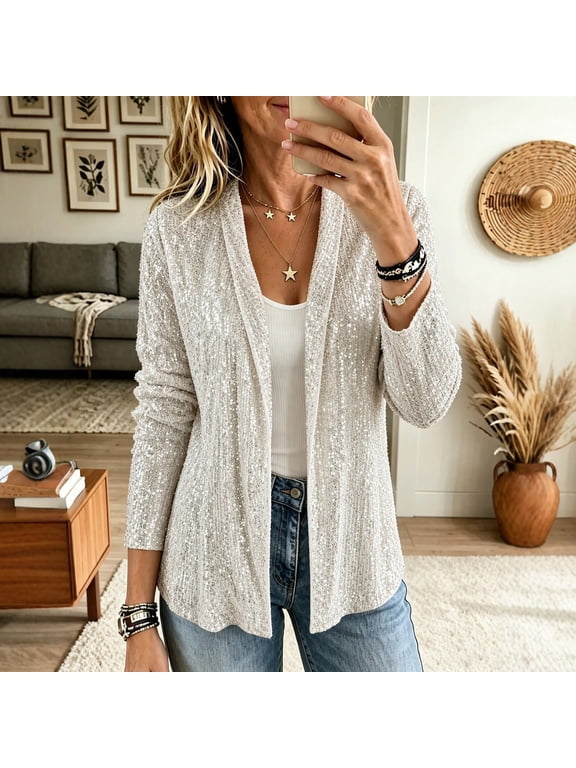 Womens Sequin Cardigan Jacket, Sparkly Open Front Long Sleeve Glitter Blazer, Lightweight Party Layering Top for Evening Club Holiday Concert Wedding and Night Out White,L