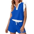 thumbnail image 1 of Mifsaly Womens Short Sets 2 Piece Outfits Ruffle Sleeve Notch V Neck Top and Drawstring Elastic Waist Shorts Cotton Summer Matching Lounge Clothes XXL, 1 of 9