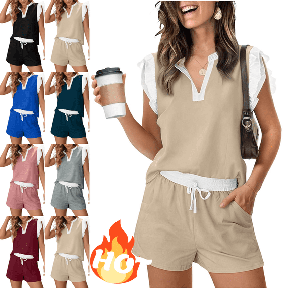 Mifsaly Womens Short Sets 2 Piece Outfits Ruffle Sleeve Notch V Neck Top and Drawstring Elastic Waist Shorts Cotton Summer Matching Lounge Clothes M