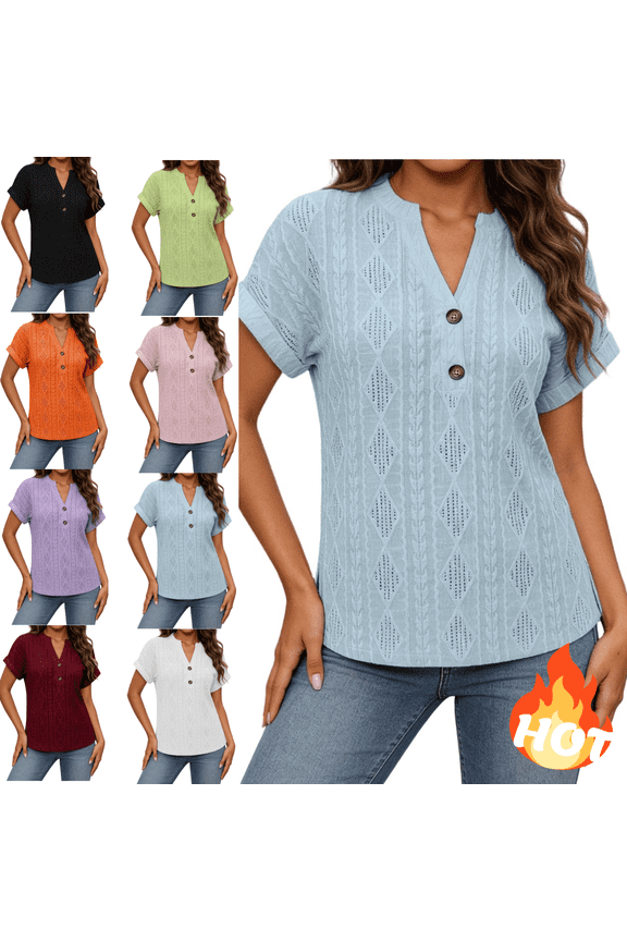 Womens Short Sleeve Knit Tops V Neck Button Down Textured Pointelle Blouse Casual Summer Tee Shirts Lightweight Breathable Loose Fit Pullover Sky Blue,L
