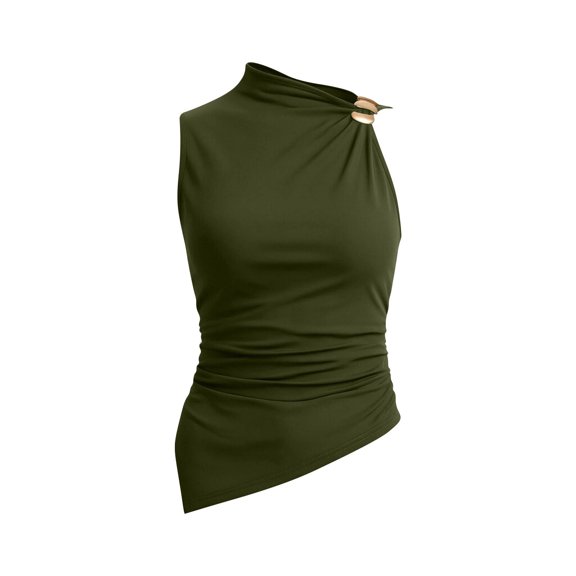 Mifsaly Womens Sleeveless Halter Neck Tops Elegant Asymmetric Ruched Tank Top Metal Ring Shoulder Pleated Cami Blouse Summer Party Going Out Shirts Army Green,XS