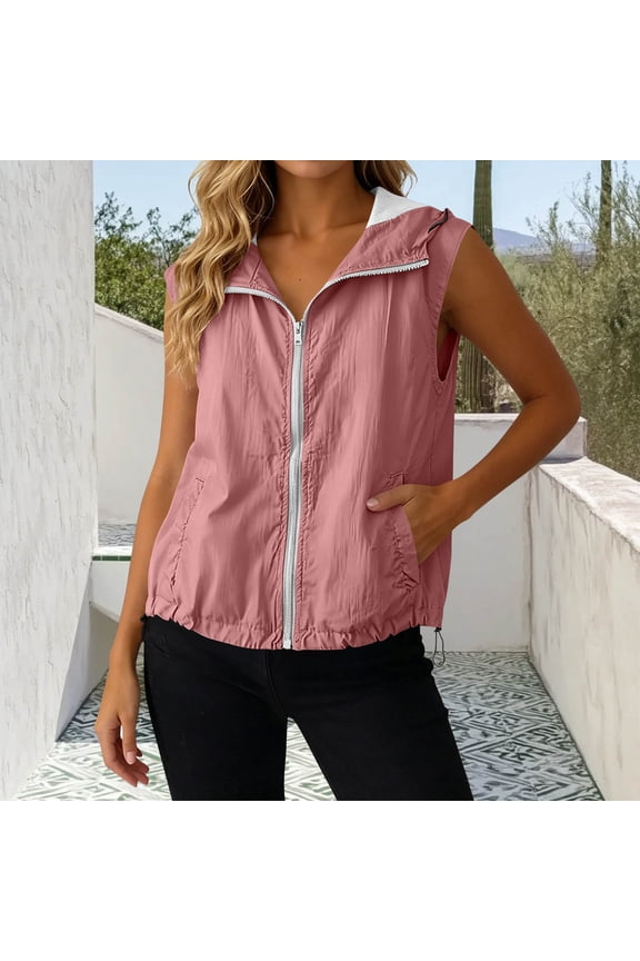 Womens Sleeveless Hooded Vest Full Zip Windbreaker Jacket Running Athletic Tank Tops with Pockets Workout Gym Hiking Lightweight Quick Dry Vests Pink,S