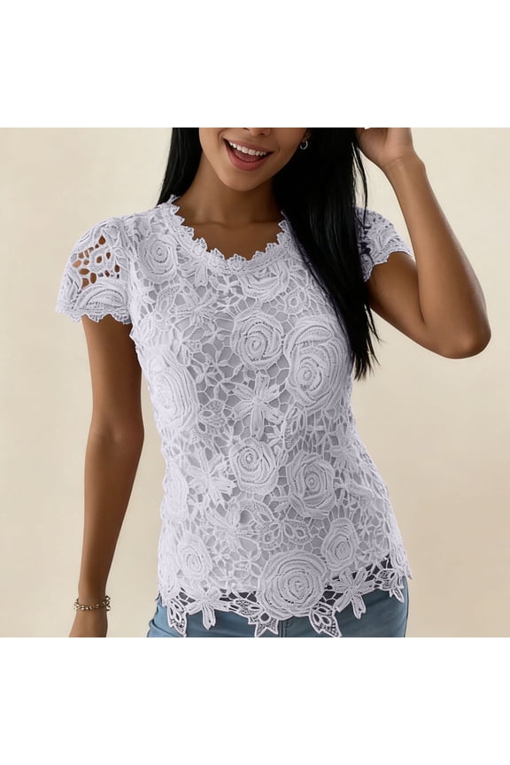 Womens Slim Fit Floral Lace Blouse Scalloped Trim Short Sleeve Crochet Top Crew Neck Elegant Casual Summer Shirt Going Out Party Dressy Fashionable Tee XXXL
