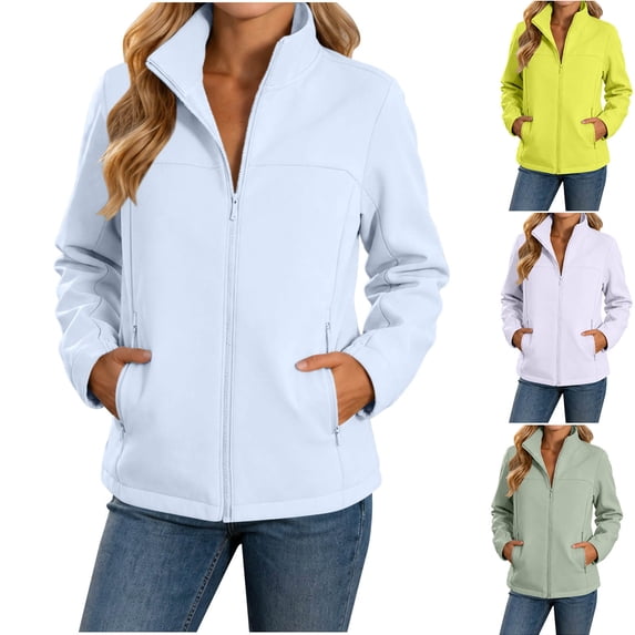 Mifsaly Womens Softshell Jacket Full Zip Stand Collar Windbreaker Long Sleeve Casual Outdoor Coat with Zipper Pockets Light Blue,S