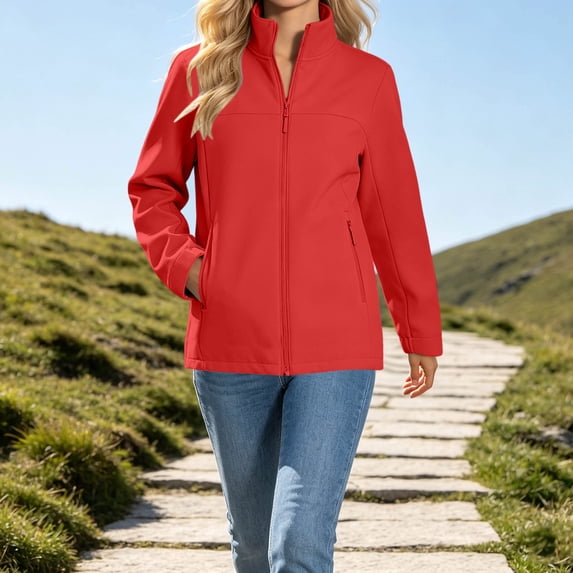 Mifsaly Womens Softshell Jacket Full Zip Stand Collar Windbreaker Long Sleeve Casual Outdoor Coat with Zipper Pockets Red,S