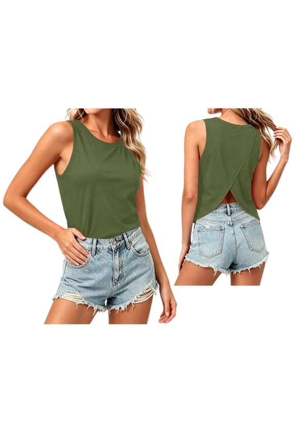 Womens Split Back Tank Tops Crewneck Sleeveless Summer Shirts Lightweight Breathable Loose Fit Layering Camisoles Army Green,L