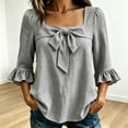 thumbnail image 1 of Mifsaly Womens Square Neck Blouses Front Bow 3/4 Ruffle Bell Sleeve Tops Lightweight Textured Loose Fit Dressy Casual Work Linen Blouse Gray,XXL, 1 of 5