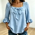 thumbnail image 1 of Mifsaly Womens Square Neck Blouses Front Bow 3/4 Ruffle Bell Sleeve Tops Lightweight Textured Loose Fit Dressy Casual Work Linen Blouse Light Blue,M, 1 of 5