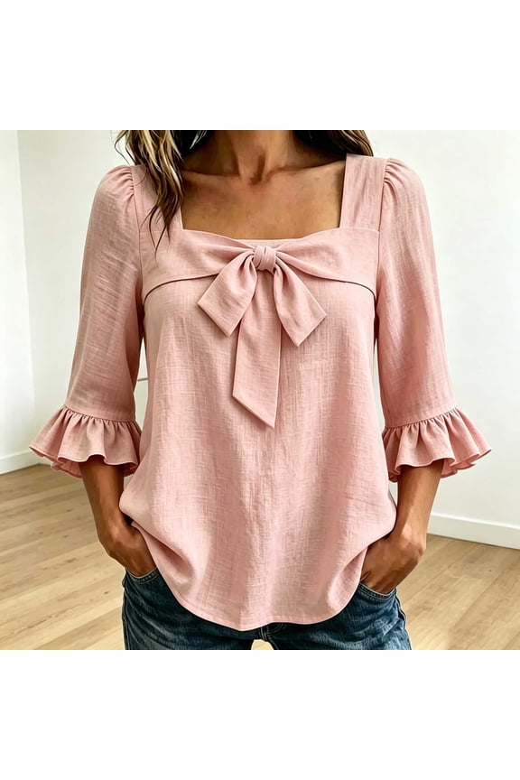 Womens Square Neck Blouses Front Bow 3/4 Ruffle Bell Sleeve Tops Lightweight Textured Loose Fit Dressy Casual Work Linen Blouse Pink,M