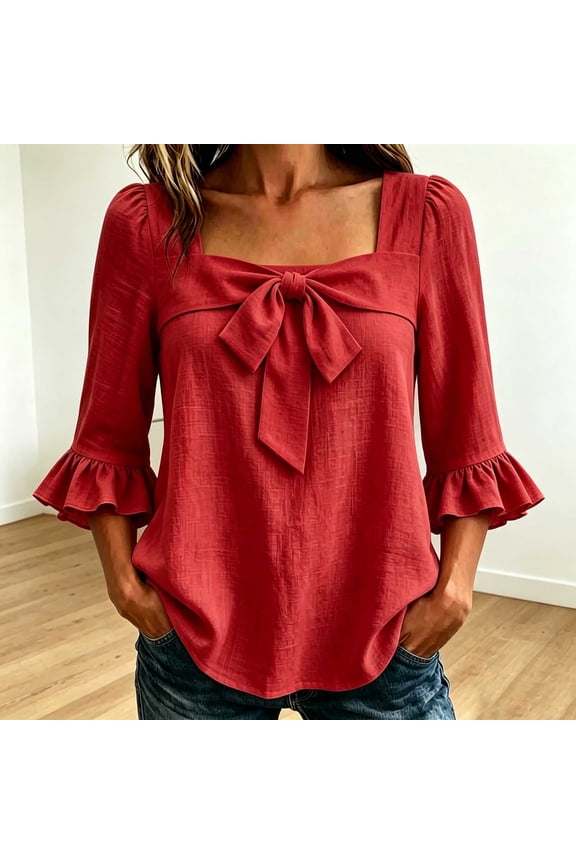 Womens Square Neck Blouses Front Bow 3/4 Ruffle Bell Sleeve Tops Lightweight Textured Loose Fit Dressy Casual Work Linen Blouse Red,S