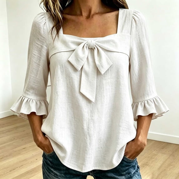 Mifsaly Womens Square Neck Blouses Front Bow 3/4 Ruffle Bell Sleeve Tops Lightweight Textured Loose Fit Dressy Casual Work Linen Blouse White,S