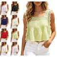 thumbnail image 1 of Mifsaly Womens Square Neck Lace Crochet Blouse Sleeveless Ruffle Embroidery Crop Top Elegant Flowy Summer Boho Pleated Shirt for Beach Vacation Yellow,M, 1 of 7