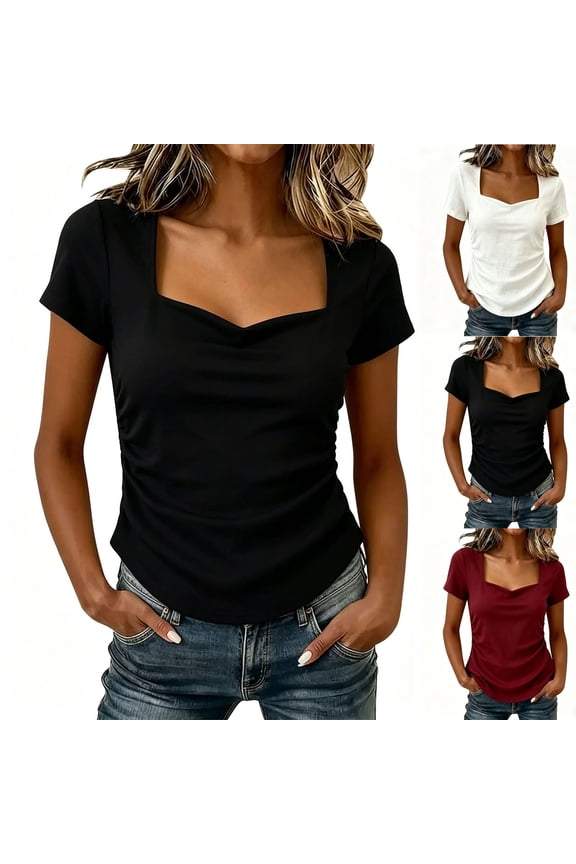 Womens Square Neck Short Sleeve T-Shirt Flattering Ruched Side Slim Fit Top Summer Casual Soft Breathable Basic Tee Shirt Elegant Going Out Blouses Black,XXL