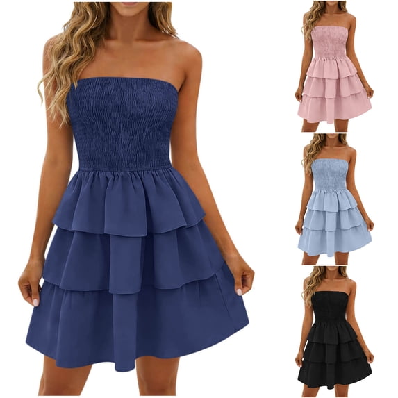 Mifsaly Womens Strapless Smocked Mini Dress Off Shoulder Tiered Summer Sundress Lightweight Breathable Flowy Beach Vacation Party Cocktail Dresses L