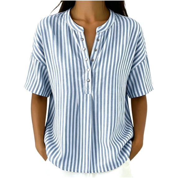 Mifsaly Womens Striped Henley Shirts Short Sleeve V Neck T-Shirts Loose Fit Lightweight Casual Summer Tunics Tops Light Blue,L