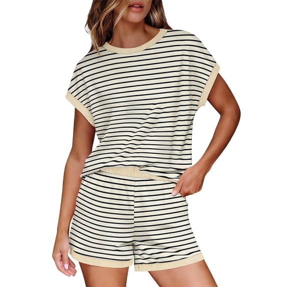 Mifsaly Womens Striped Lounge Set Short Sleeve Crewneck Top and High Waisted Casual Shorts with Pockets Everyday Wear Summer Vacation Outfits Beige,XL