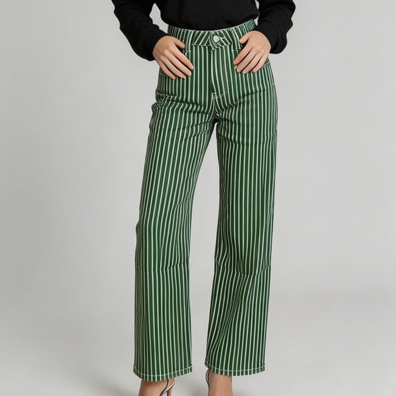 Mifsaly Womens Striped Pants High Waisted Wide Leg Trousers Loose Fit Flattering Everyday Travel Work office Clothes with Pockets Green,L