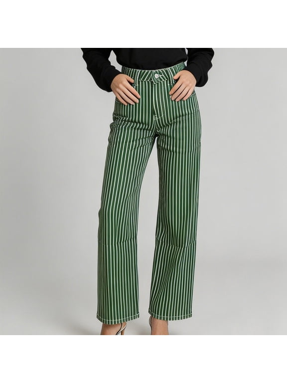 Womens Striped Pants High Waisted Wide Leg Trousers Loose Fit Flattering Everyday Travel Work office Clothes with Pockets Green,L