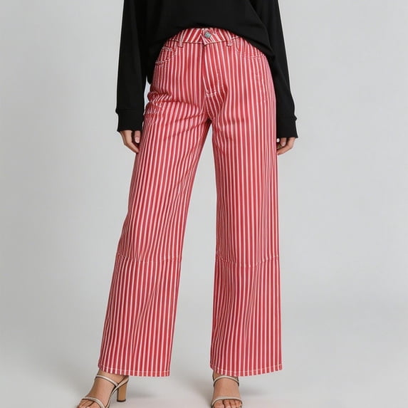 Mifsaly Womens Striped Pants High Waisted Wide Leg Trousers Loose Fit Flattering Everyday Travel Work office Clothes with Pockets Pink,S