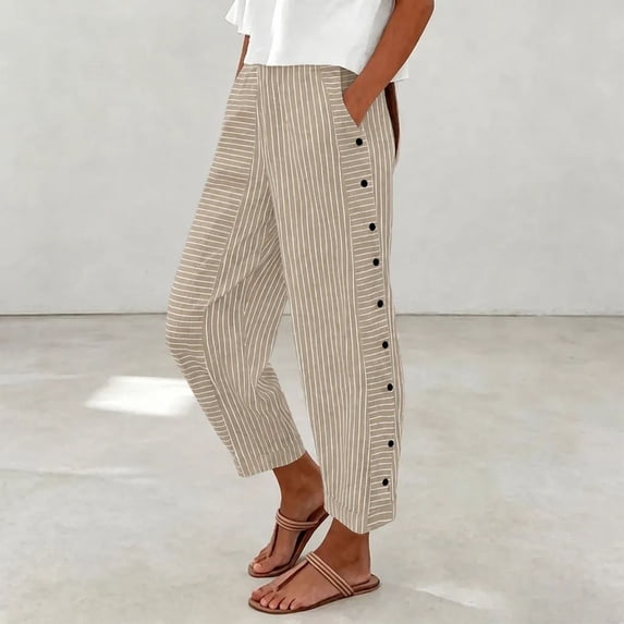 Mifsaly Womens Striped Pants Mid Rise Casual Pants Side Button Lightweight Everyday Work Office Trousers with Pockets Khaki,XXL