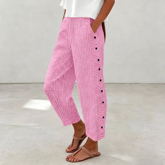 Mifsaly Womens Striped Pants Mid Rise Casual Pants Side Button Lightweight Everyday Work Office Trousers with Pockets Pink,M