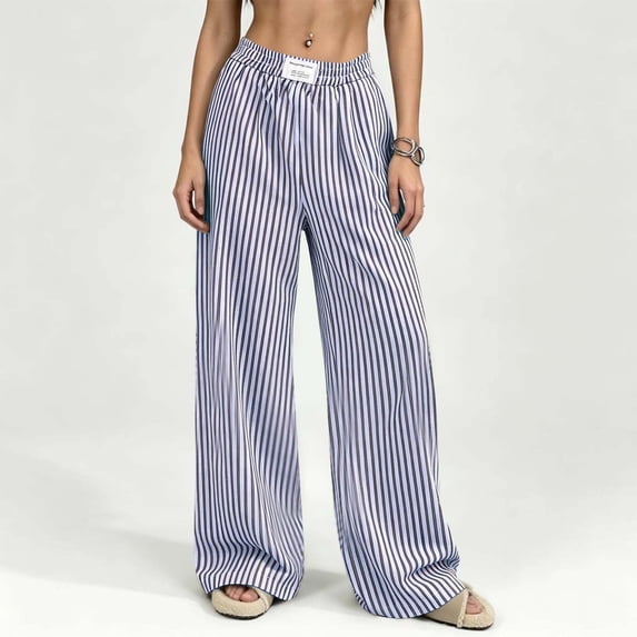 Mifsaly Womens Striped Pants Wide Leg Lounge Pants Elastic Waist Relaxed Fit Pajama Sleep Trousers for Home and Beach Vacation Blue,XL