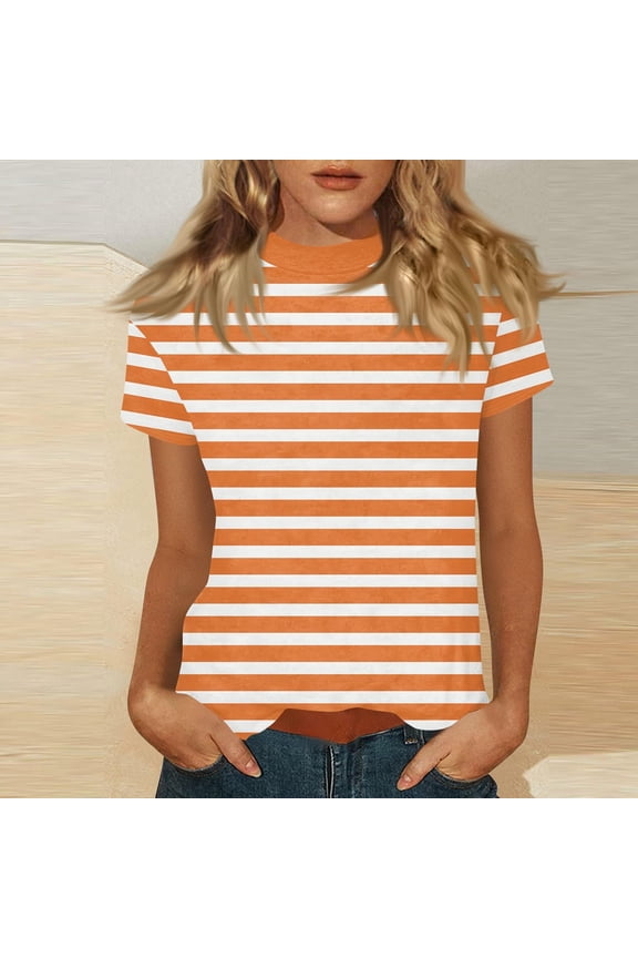 Womens Striped Short Sleeve Mock Neck T-Shirt Horizontal Stripe Slim Fit Casual Tops Lightweight Stretchy Summer Basic Tees Orange,S