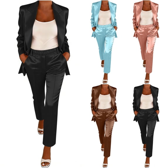 Mifsaly Womens Suits 2 Piece Set Business Casual Silk Satin Open Front Long Sleeve Jacket and High Waisted Straight Leg Pants with Pockets Lightweight Soft Office Work Matching Outfits Black,XXXL