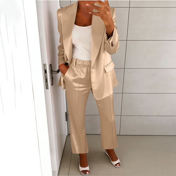 Mifsaly Womens Suits 2 Piece Set Business Casual Silk Satin Open Front Long Sleeve Jacket and High Waisted Straight Leg Pants with Pockets Lightweight Soft Office Work Matching Outfits Gold,XL