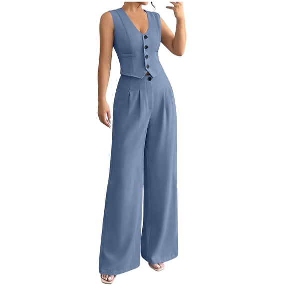 Mifsaly Womens Suits 2 Piece Set Business Casual office Matching Outfits Button Down Vest Top and High Waisted Wide Leg Trousers with Pockets Blue,XXL