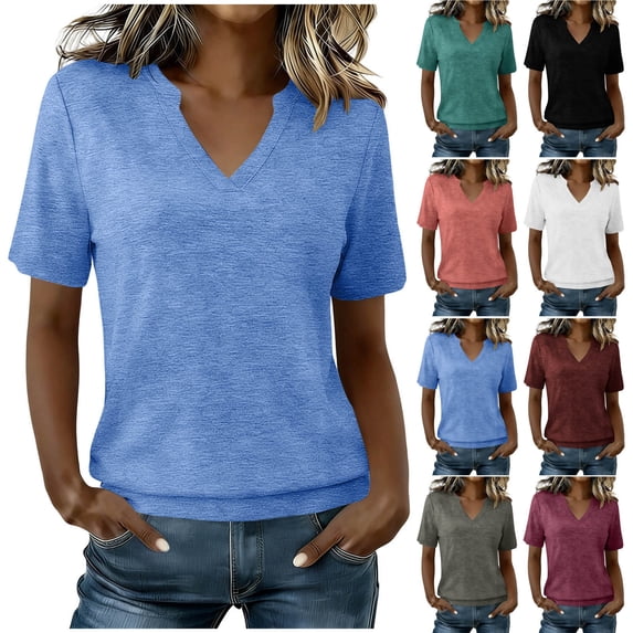 Mifsaly Womens Summer Casual T-Shirts Notched V Neck Short Sleeve Basic Tee Tops Lightweight Comfort Fit Everyday Cotton Shirts Light Blue,XXL
