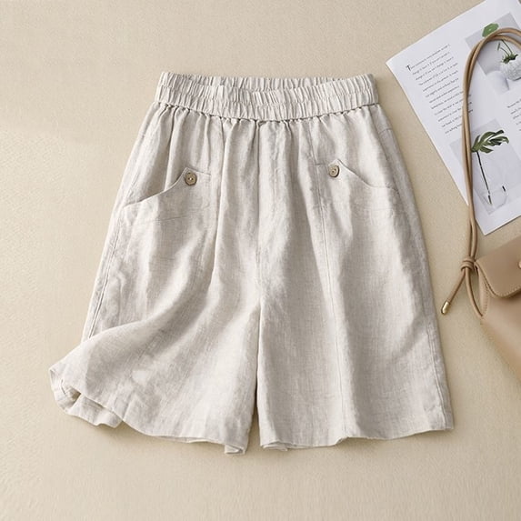 Mifsaly Womens Summer Shorts Button Details High Waisted Wide Leg Shorts with Pockets Lightweight Relaxed Fit Daily Wear Casual Summer Outfits Beige,L