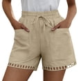 thumbnail image 1 of Mifsaly Womens Summer Shorts Eyelet Lace Trim Hem Elastic Waist Drawstring Cotton Linen Shorts with Pockets Lightweight Breathable Beach Holiday Clothes Beige,S, 1 of 8