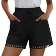 thumbnail image 1 of Mifsaly Womens Summer Shorts Eyelet Lace Trim Hem Elastic Waist Drawstring Cotton Linen Shorts with Pockets Lightweight Breathable Beach Holiday Clothes Black,M, 1 of 8