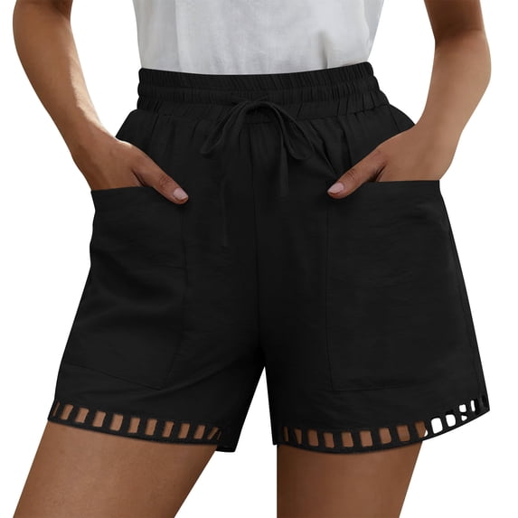 Mifsaly Womens Summer Shorts Eyelet Lace Trim Hem Elastic Waist Drawstring Cotton Linen Shorts with Pockets Lightweight Breathable Beach Holiday Clothes Black,M