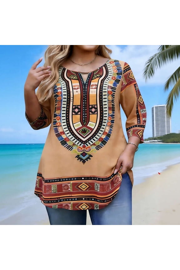 Womens Summer Tops African Embroidered Print 3/4 Sleeve Top Oversized Comfortable Casual Blouses Ethnic Cultural Events Vintage Clothes L