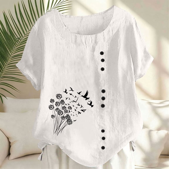 Mifsaly Womens Summer Tops Crewneck Short Sleeve Linen Shirt Button Down Lightweight Blouse Loose Comfy Pullover Tshirts Beach Vacation Fashion Outfits XL