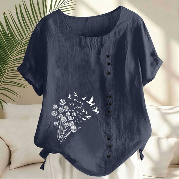 Mifsaly Womens Summer Tops Crewneck Short Sleeve Linen Shirt Button Down Lightweight Blouse Loose Comfy Pullover Tshirts Beach Vacation Fashion Outfits XL