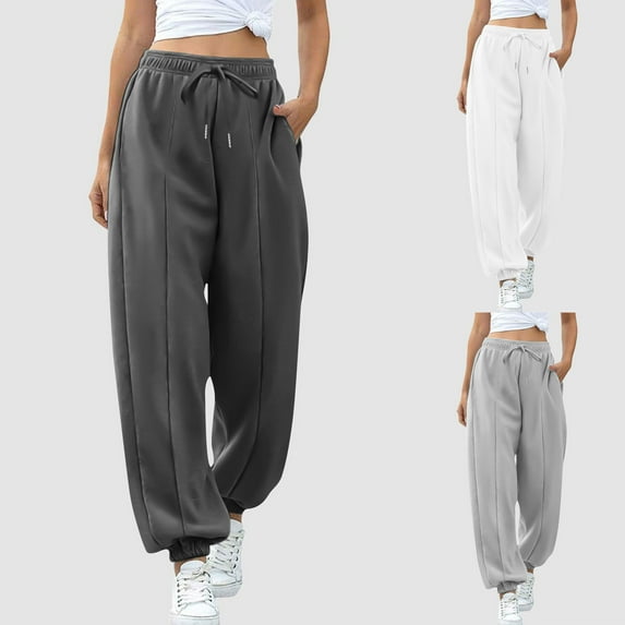 Mifsaly Womens Sweatpants with Pockets Drawstring High Waist Athletic Joggers Pleated Soild Color Wide Leg Pants Y2K Baggy Leggings Fit Workout Jogging