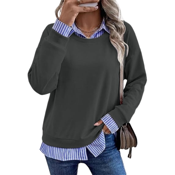 Mifsaly Womens Sweatshirt Fake Two Piece Layered Look Sweatshirts Striped Patchwork Work Office Pullover Tops Dark Gray,M