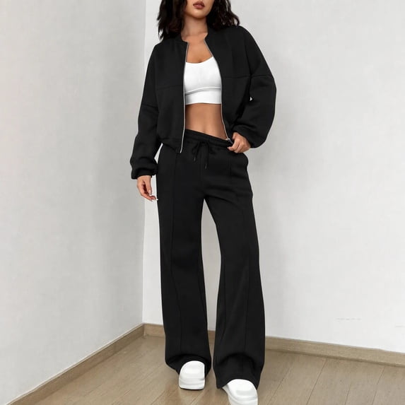 Mifsaly Womens Sweatsuits 2 Piece Outfit Zip Up Cropped Bomber Jacket and Wide Leg Sweatpants Fall Winter Y2K Street Workout Lounge Matching Outfits