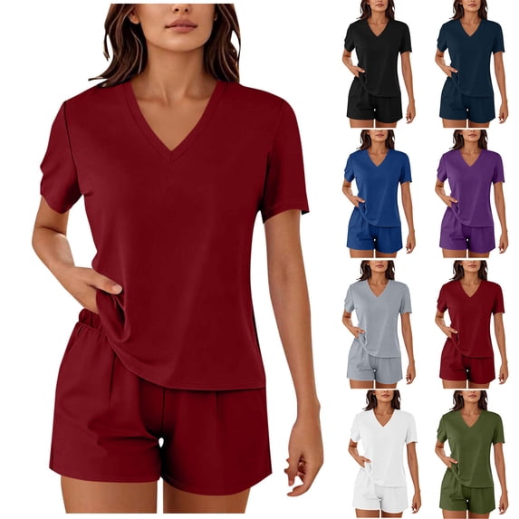 Mifsaly Womens Sweatsuits 2 Piece Set Short Sleeve V Neck T-Shirt and High Waisted Athletic Shorts with Pockets Soft Breathable Summer Casual Matching Outfits Wine,S