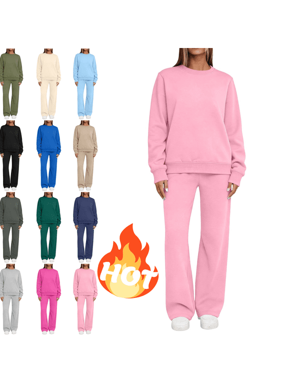 Womens Sweatsuits 2 Piece Set Versized Long Sleeve Sweatshirt and Wide Leg Sweatpants Comfortable Relaxed Fit Fall Winter Matching Lounge Outfits Pink,XXL