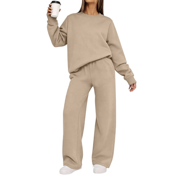 Mifsaly Womens Sweatsuits 2 Piece Set Versized Long Sleeve Sweatshirt and Wide Leg Sweatpants Comfortable Relaxed Fit Fall Winter Matching Lounge Outfits Khaki,L