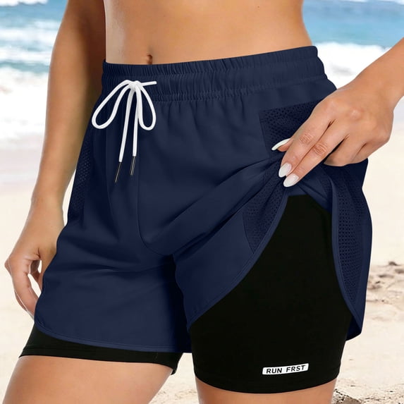 Mifsaly Womens Swim Shorts with Liner 2 in 1 Double Layer Athletic Workout Shorts Quick-Dry Training Swimming Surfing Beach Vacation Clothes Dark Blue,M