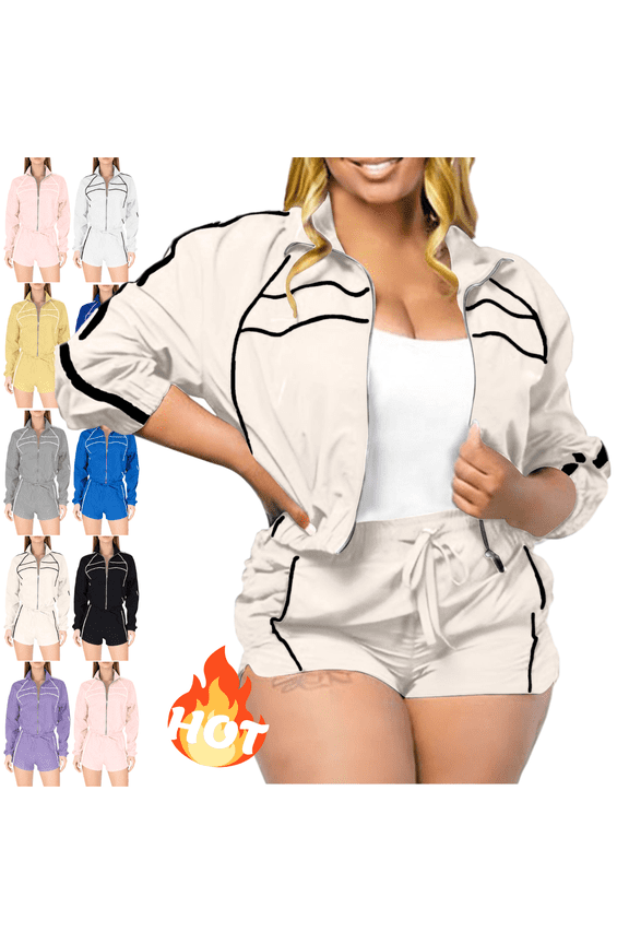 Womens Track Suits 2 Piece Set Workout Full Zip Jacket and High Waisted Running Shorts with Pockets Striped Athletic Gym Jogging Suits Beige,XL