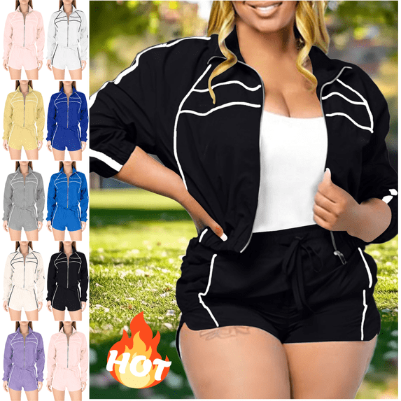 Mifsaly Womens Track Suits 2 Piece Set Workout Full Zip Jacket and High Waisted Running Shorts with Pockets Striped Athletic Gym Jogging Suits Black,XXL