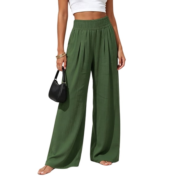 Mifsaly Womens Travel Pants High Waisted Wide Leg Flowy Pants Relaxed Fit Summer Beach Lounge Bottoms for Vacation and Everyday Army Green,XXL