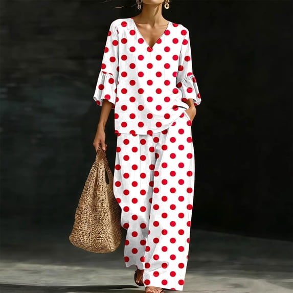 Mifsaly Womens Two Piece Lounge Set Polka Dot V Neck Ruffle Sleeve Top and Wide Leg Pants Casual Lightweight Matching Outfits with Pockets Red,M